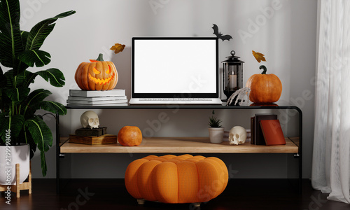 3D rendering of Halloween laptop mockup on table in decorated living room