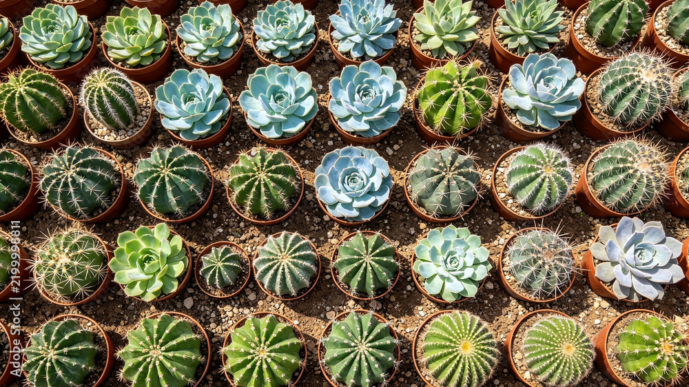 Fototapeta premium Various types of cacti viewed from above