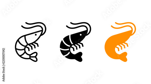 Minimalist shrimp icon vector design set with outline solid and colored seafood graphics