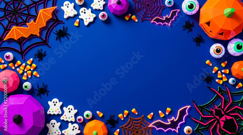 Halloween flat lay frame with pumpkins candy corn and ghosts on blue background