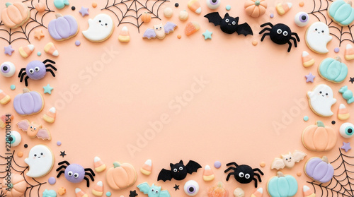 Halloween themed border frame with ghost spider and pumpkin cookies on pink