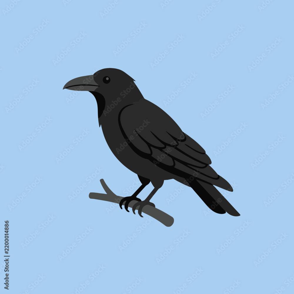Fototapeta premium A black bird is perched on a small wooden branch illustration