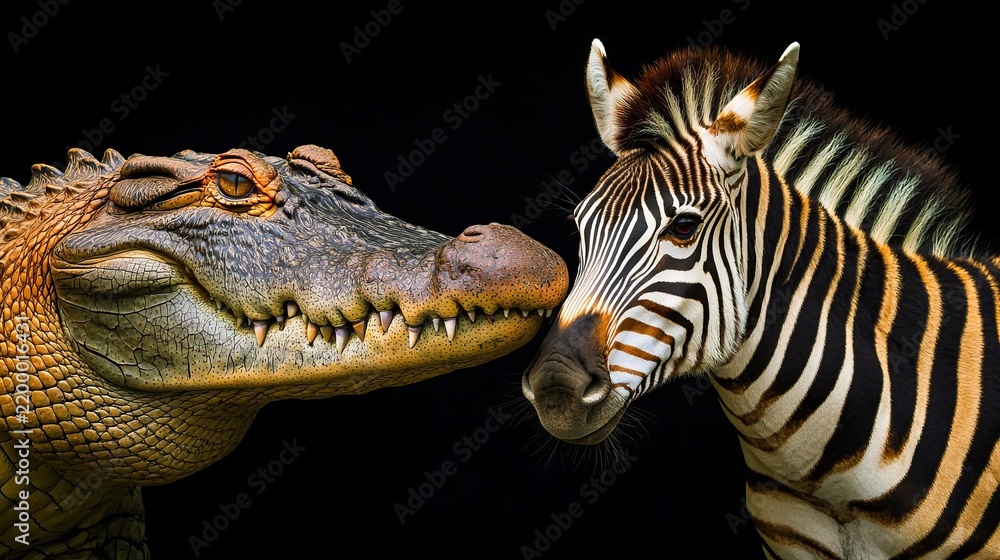 Fototapeta premium A Close Up of an Alligator Standing Together with a Zebra in Artistic Wildlife Nature Portrait.