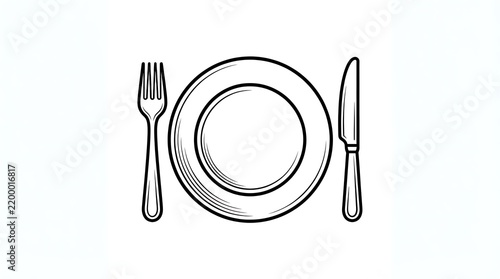 Black and white line drawing of a dinner plate with a fork with plate centered between table knife right simple black