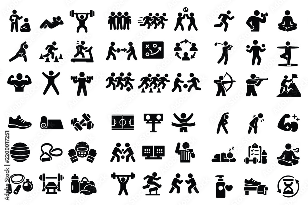 Obraz premium Sports and fitness design icons with running, weightlifting and yoga for mobile app branding in black solid style