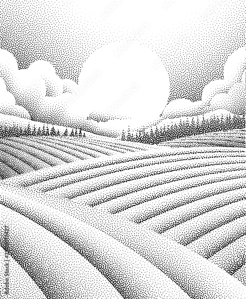 Obraz premium Fields rolling hills and mountains farm landscape background illustration with countryside mountains, sunrise sun, clouds and trees. Original rural background drawing in vintage pointillism dot style