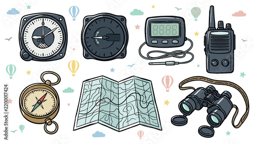 Travel and navigation vector illustration with compass map and binoculars for presentation in colorful vector style