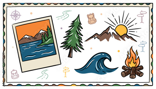 Travel and adventure flat illustration with mountains postcard tree and campfire for marketing in hand drawn style