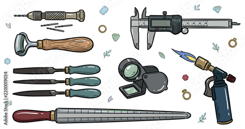 Crafting and workshop tools vector illustration with calipers knives and torch for marketing in hand drawn style