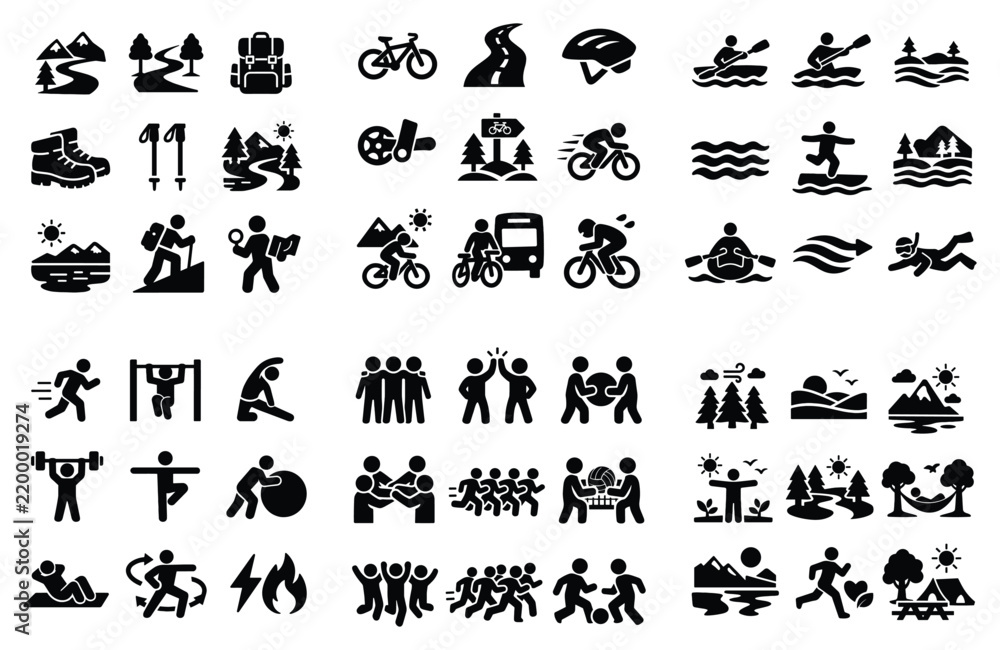 Fototapeta premium Outdoor and fitness concept icons with hiking, cycling and running symbols for infographic design in bold solid style