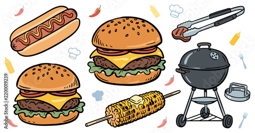 Barbecue and fast food flat illustration with burgers hotdog grill and corn for marketing in colorful vector style
