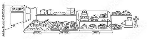 Bakery and pastry line art design with bread cakes and display shelves for branding in continuous line style