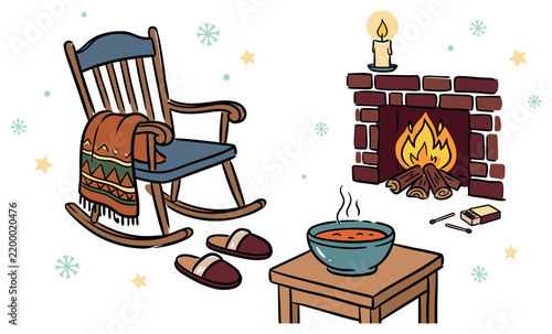 Winter and cozy home flat illustration with rocking chair fireplace and bowl for marketing design in colorful vector style