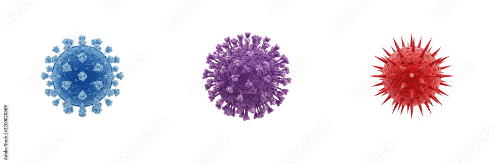 Fototapeta premium Set of 3 colorful virus cells and microorganisms isolated on transparent background, 3D medical illustration of coronavirus, bacteria, and pathogen elements for scientific design.