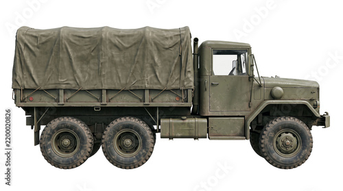 Vintage military cargo truck with a canvas-covered bed shown in side profile. Six-wheel transport vehicle isolated on transparent background. Equipment and logistics concept.