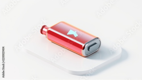 Red battery icon rests upon white platform. Low power symbol indicates depleted energy levels. Simple design, clean presentation.