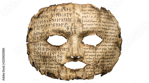 Ancient parchment mask bears runes and medieval manuscript writing. Weathered historical artifact isolated on transparent background. Symbol of mystery, ritual, and folklore.