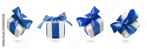 Four white gift boxes with blue ribbons isolated on a transparent background