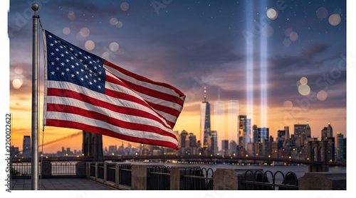 American flag waving against the New York City skyline with tribute light beams