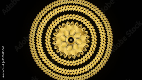 Gold mandala pattern with ornate geometric circular design elements on dark black background for luxury decoration