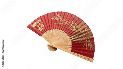 Fotografie Traditional red wooden folding hand fan on transparent background
