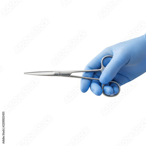 Hand wearing a blue medical glove holding surgical scissors, isolated on a black background, medical tool for surgery or clinic isolated on a transparent background