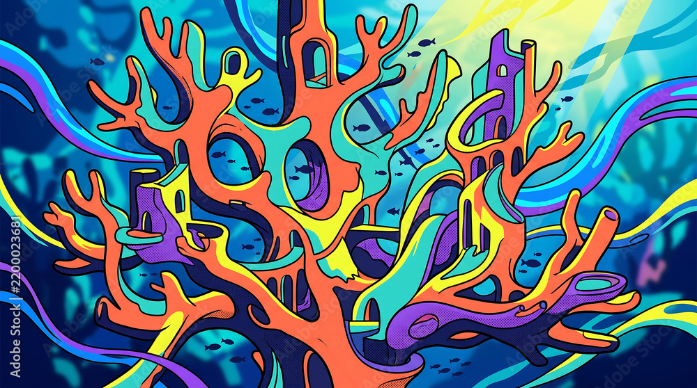 Fototapeta premium Vibrant underwater coral reef illustration featuring colorful coral formations in a deep blue ocean