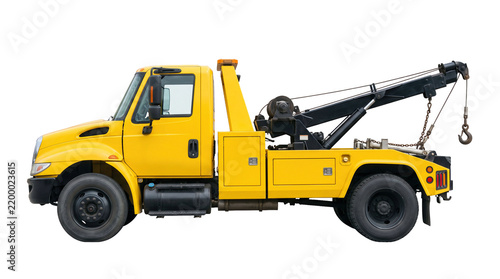 Yellow tow truck with boom and hook on transparent background. It represents roadside recovery and towing service. Isolated clipart supports automotive and repair content.