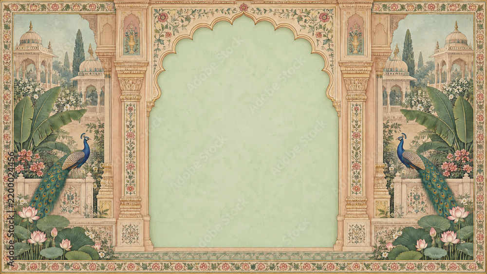 Obraz premium decorative stone frame with tropical landscape, peacocks and lotus flowers, Pichwai and mughal background