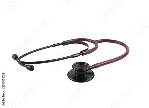 Medical stethoscope with a burgundy tube and black chest piece, isolated on a white background, for diagnostic and, healthcare examinations isolated on a transparent background