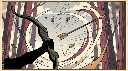 Dynamic Arrow Flight Illustration with a Stylized Bow and Arrow Shot in a Comic Pop Art Forest Background