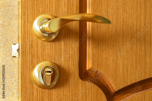 Close-up of gold curved handle and round key lock on natural wooden interior door. Concepts of home security, protection, privacy, access control, door hardware, residential safety, locksmith services