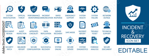 Incident and recovery solid icon set. Featuring network outage, rapid response, forensic analysis, and data replication. Vector icons for technical support, audit inspection, and system diagnostics.