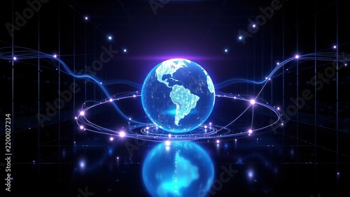 Glowing Earth image. Digital network surrounds planet. Futuristic design with reflective surface. Dark background enhances bright colors.