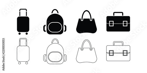 Suitcase backpack tote and briefcase silhouettes on a white background .