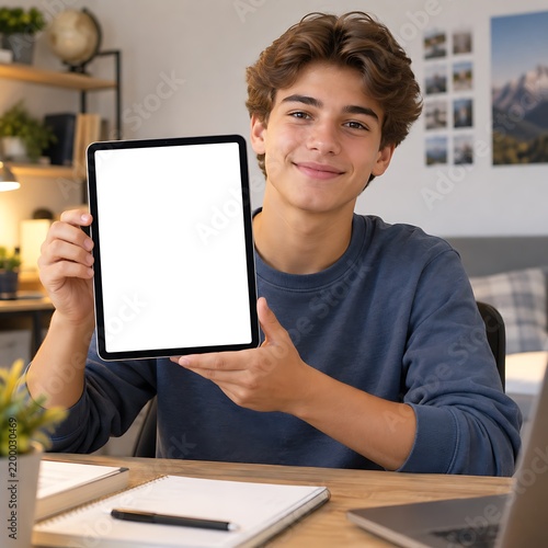 Smiling teenage boy holding digital tablet with blank white screen, student showing empty mockup display for app or website, young man at desk in bedroom