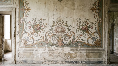 Faded antique baroque fresco wall mural with ornate rococo floral scroll rose lotus motifs peeling cracked plaster abandoned European villa room weathered distressed aged interior decay atmospheric be