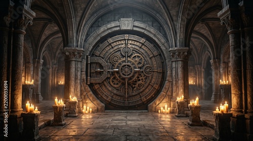 Fantasy medieval stone dungeon chamber with massive circular bronze steampunk vault door runic inscriptions gear mechanism Gothic arched columns flickering candles atmospheric fog dramatic dark 3D 