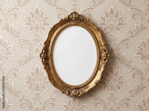 Ornate antique gold oval baroque picture frame with shell acanthus scroll relief carvings blank white canvas mockup on elegant cream beige damask floral scroll wallpaper background luxury classic inte