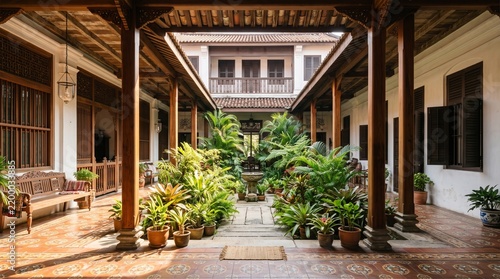 Traditional Southeast Asian heritage courtyard house with carved teak wooden columns decorative patterned terracotta floor tiles lush tropical potted plants stone fountain batik bench warm sunlight 