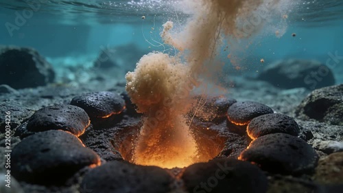 Intensifying glow driving hydrothermal vent releasing brown-orange plume at shallow seabed