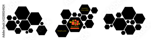 Photo frame hexagon shape grid template set. Vector layout collection with geometric mosaic blocks. Blank placeholders. Background backdrop for banners, posters, cards and presentations