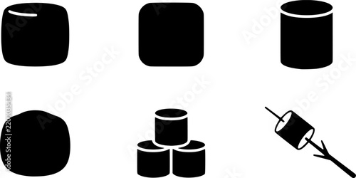 Black silhouette marshmallow icons set depicting different shapes and roasting styles
