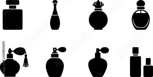 Collection of silhouetted perfume bottles in various shapes and styles