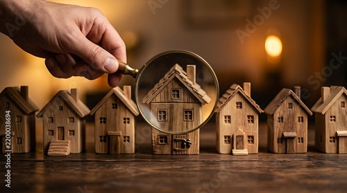 Magnifying glass inspecting wooden house models for real estate search and investment