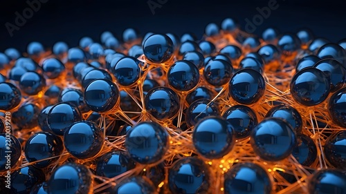 Abstract metallic blue spheres on orange wire mesh grid background 3D render