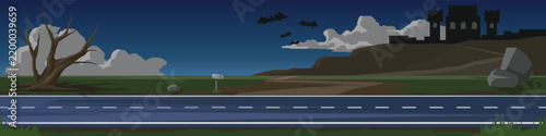 Horizontal spanning the entire length of asphalt road. Spooky vector illustration of a Halloween landscape backdrop. Featuring a haunted castle road dead tree and flying bats under a dark night sky.