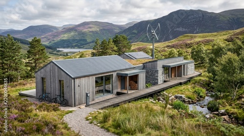 Modern Eco-Home in Highland Landscape: A contemporary, sustainable home blends seamlessly with the rugged beauty of the Scottish Highlands, featuring natural wood siding, a green roof.