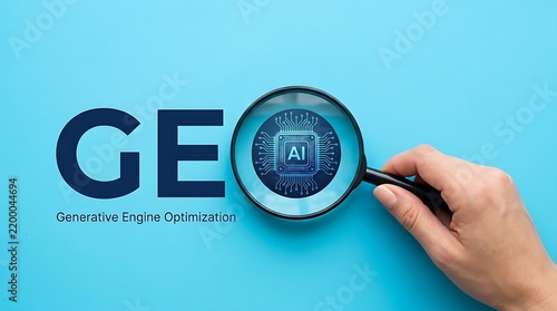 Generative Engine Optimization (GEO) Concept with AI Icon and Magnifying Glass