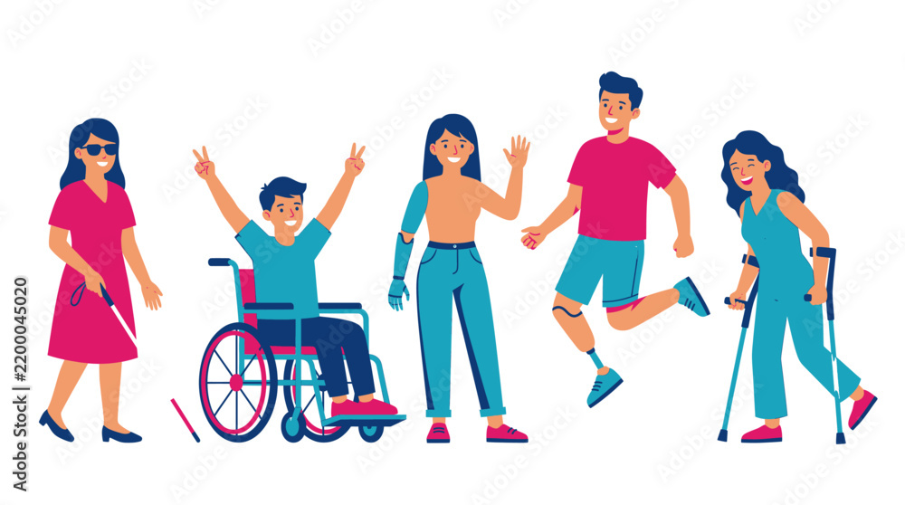 Fototapeta premium Disability Disabled Inclusion Handicap Diversity Diverse Wheelchair Cane Crutches People Group Happy Community Support Vector Illustration